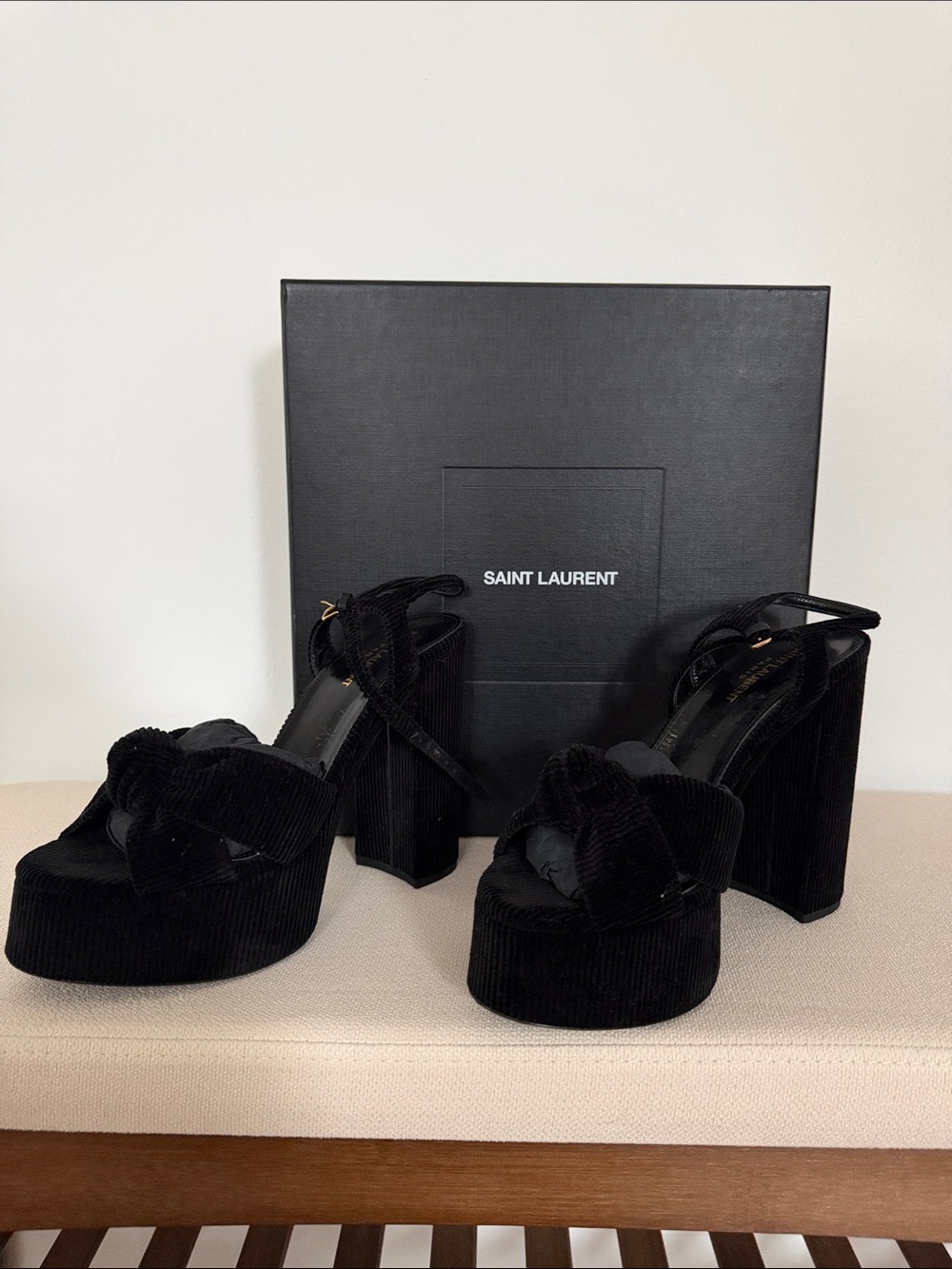 Saint Laurent Black Velvet Platform Block Heel Sandals